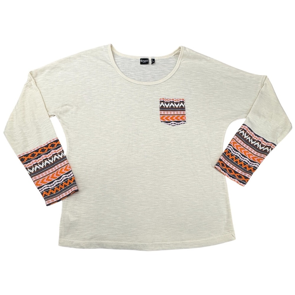 Cruel Denim Womens Medium Cream Aztec Print Long Sleeve Top Western Boho Stretch